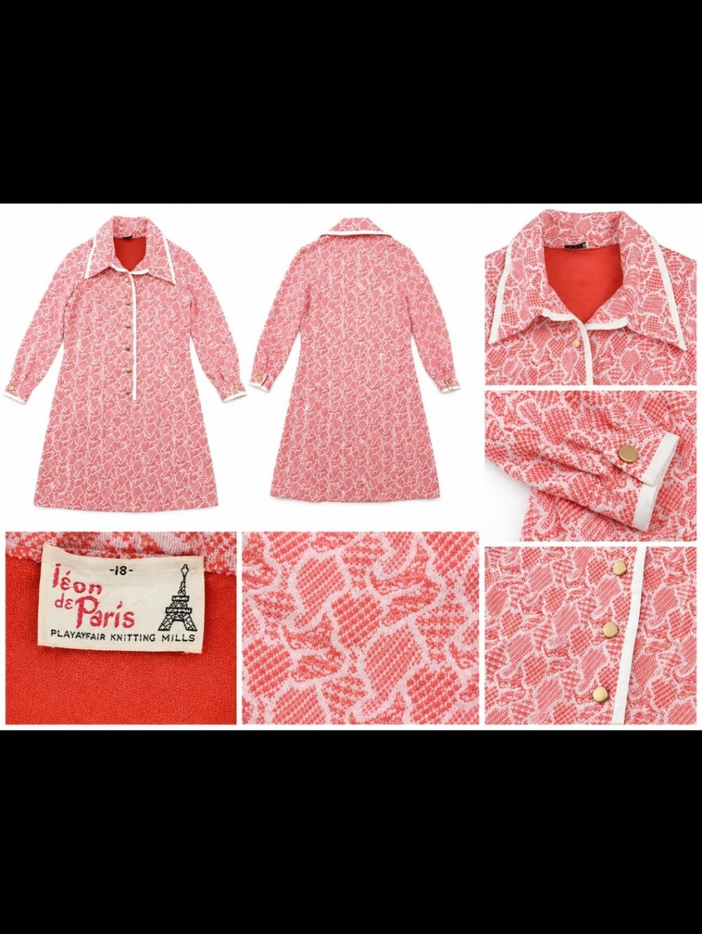 Vintage 1960s Leon de Paris Housecoat House Dress Canadian Knit Pink White XL - Picture 2 of 4